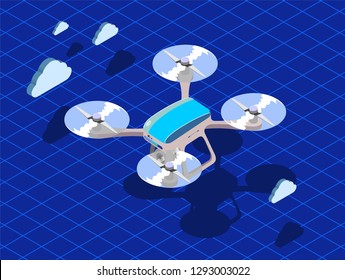 drone with camera isometry isolated. unmanned aerial vehicle, vector illustration