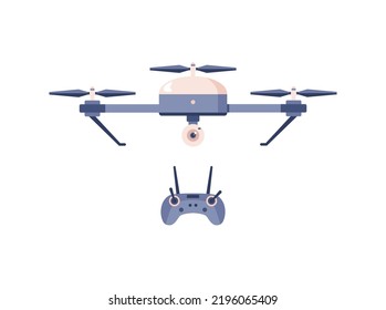 Drone with camera and joystick for remote control flat style, vector illustration isolated on white background. Modern technologies for observation, flying device, intelligence service