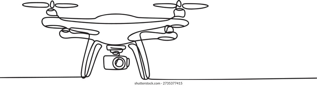 Drone with camera line art. continuous line unmanned aerial vehicle. Modern drone technology. Aerial photography and videography. Surveillance and security. Delivery services. Remote control aircraft. Advanced flying machine. Digital camera integration. Creative graphic design for tech publications. Minimalist linear illustration on a transparent background.