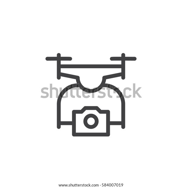 白い背景にドローンとカメララインアイコン アウトラインベクター符号 線形の絵文字 シンボル ロゴイラスト のベクター画像素材 ロイヤリティフリー
