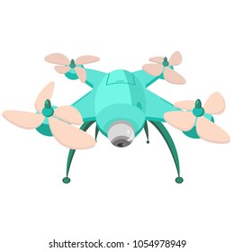 Drone with the camera. Modern technology. Copter with goods flying in the air. Quadcopter-courier, multicopter. Modern flat style vector illustration. Isolated on white background.
