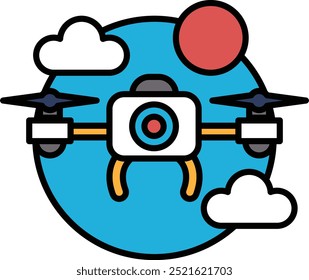Un dron con una cámara volando en el cielo. El dron está rodeado de nubes y un sol