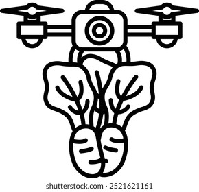 A drone with a camera on it is hovering over a bunch of green vegetables. The drone is designed to capture images of the vegetables, which could be used for marketing or promotional purposes