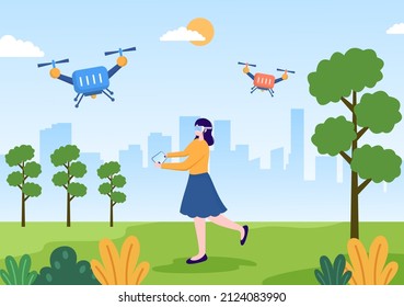 Drone with Camera Remote Control Driven Flying Over to Taking Photography and Video Recording in Flat Cartoon Background illustration