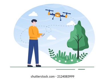 Drone with Camera Remote Control Driven Flying Over to Taking Photography and Video Recording in Flat Cartoon Background illustration