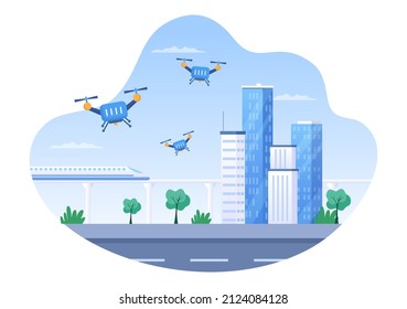 Drone with Camera Remote Control Driven Flying Over to Taking Photography and Video Recording in Flat Cartoon Background illustration