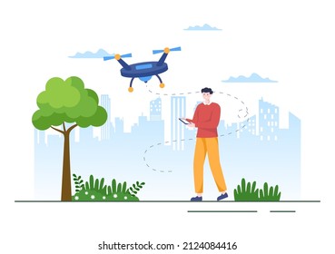 Drone con control remoto de cámara que vuela hacia la toma de fotografía y grabación de video en ilustración de fondo de dibujos planos