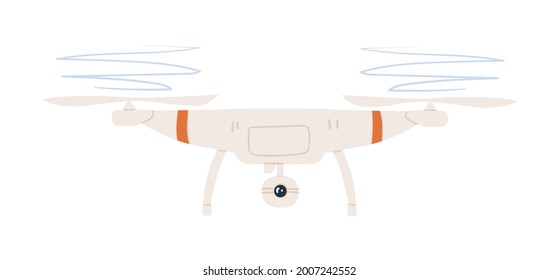 Drone con cámara y hélices rotativas. Aviones teledirigidos militares volando en el aire. Vehículo aéreo no tripulado. Ilustración vectorial plana de color aislada en fondo blanco.