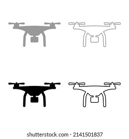 Drone with camera set icon grey black color vector illustration image solid fill outline contour line thin flat style