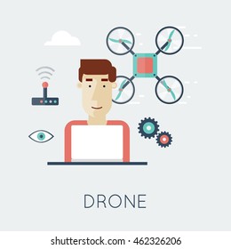 Drone with a camera, shipping, surveillance, control. New technologies. Flat design vector illustrations.