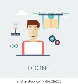 Drone with a camera, shipping, surveillance, control.Flat design vector illustrations.