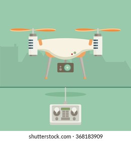Drone with a camera taking photography or video recording . Vector art on isolated background. Flat design.