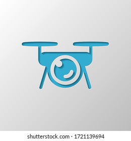 Drone with camera, tech logo. Paper design. Cutted symbol with shadow