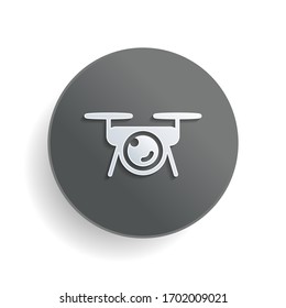 Drone with camera, tech logo. White paper symbol on gray round button or badge with shadow