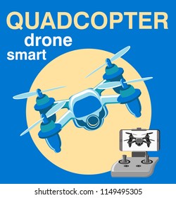 Drone with camera vector. Vector concept of fictional quadcopter flying. Quadcopter control.