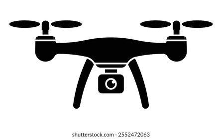 Drone with camera vector icon. Quadcopter symbol with visible propellers. Black silhouette isolated on white background.