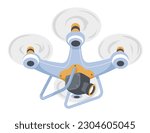 Drone with camera and wings, propeller with lens for filming. Isolated unmanned aerial vehicle for shooting videos and surveillance. Spying and flying for getting information. Vector in flat style