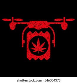 Drone Cannabis Delivery grainy textured icon for overlay watermark stamps. Flat symbol with dirty texture. Dotted vector red ink rubber seal stamp with grunge design on a black background.