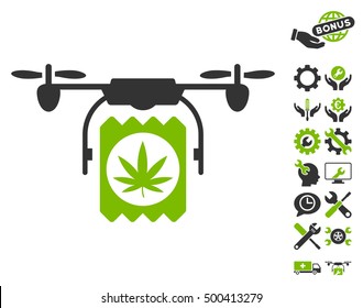 Drone Cannabis Delivery icon with bonus configuration icon set. Vector illustration style is flat iconic symbols, eco green and gray colors, white background.