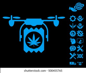 Drone Cannabis Delivery icon with bonus setup tools icon set. Vector illustration style is flat iconic symbols, blue color, black background.