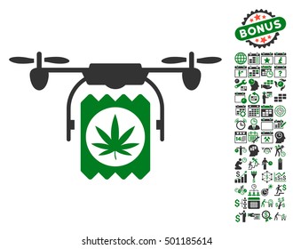 Drone Cannabis Delivery icon with bonus calendar and time service icon set. Vector illustration style is flat iconic symbols, green and gray colors, white background.