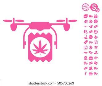 Drone Cannabis Delivery icon with free bonus icon set. Vector illustration style is flat iconic symbols, pink color, white background.