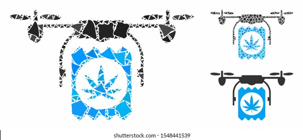 Drone cannabis delivery mosaic of inequal elements in variable sizes and shades, based on drone cannabis delivery icon. Vector raggy dots are united into collage.