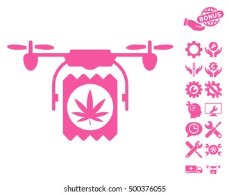 Drone Cannabis Delivery pictograph with bonus setup tools symbols. Vector illustration style is flat iconic symbols, pink color, white background.