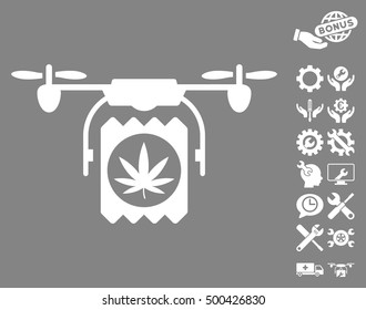 Drone Cannabis Delivery pictograph with bonus setup tools pictograms. Vector illustration style is flat iconic symbols, white color, gray background.