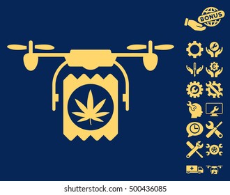 Drone Cannabis Delivery pictograph with bonus settings pictures. Vector illustration style is flat iconic symbols, yellow color, blue background.