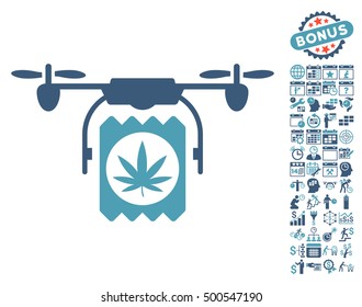 Drone Cannabis Delivery pictograph with bonus calendar and time service graphic icons. Vector illustration style is flat iconic symbols, cyan and blue colors, white background.