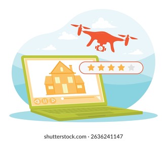 A drone capturing real estate images, displayed as a video tour on a laptop. Includes a rating interface with four stars, for innovative technology property visualization. Home for sale concept.