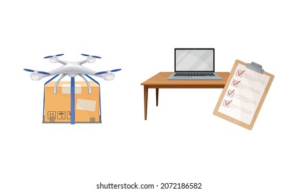 Drone with Cardboard Box and Clipboard with Checklist as Shopping Logistics and Order Delivery Vector Set