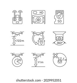 Juego de iconos de etiquetas manuales lineales para el cuidado de drones. Control Quadcopter. Altura del vuelo. Símbolos de contorno de línea delgada personalizables. Ilustraciones aisladas de esquema vectorial para instrucciones de uso del producto. Trazo editable