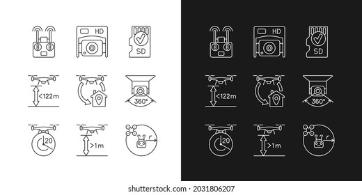 Drone care linear manual label icons set for dark and light mode. Flight height. Customizable thin line symbols. Isolated vector outline illustrations for product use instructions. Editable stroke