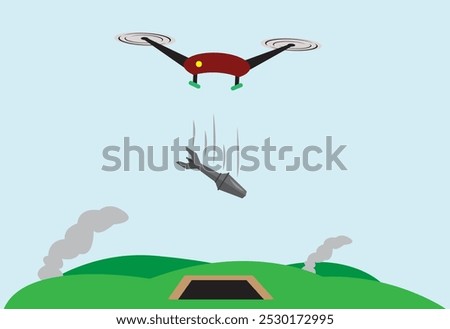 Drone carries a bomb and drops on a trench hole.