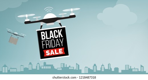 Drone carrying a black friday sale advertisement banner in the city sky