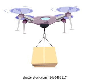Drone carrying box flat vector illustration. RC copter bringing cardboard container isolated illustration. Futuristic, extra fast, express delivery service equipment, automated vehicle