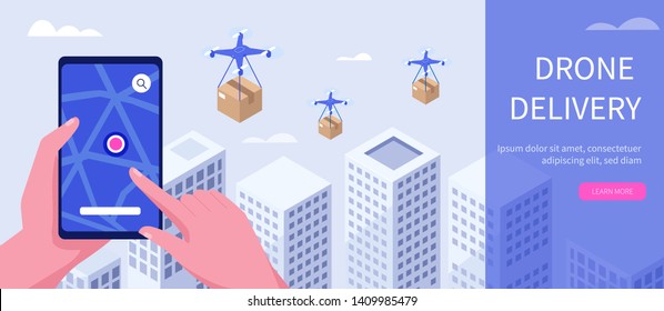 Drone carrying box and fly throw city. Drone delivery concept. Future technology in logistic and shipment. Flat isometric modern vector illustration.