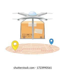 Drone Carrying Cardboard Box with Map and Destination Point Vector Illustration