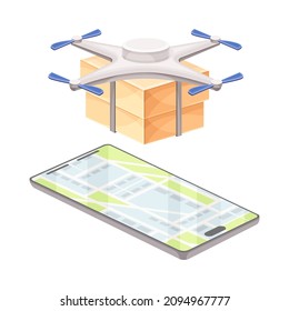 Drone carrying cardboard parcel box over map on smartphone. Modern delivery service technology vector illustration