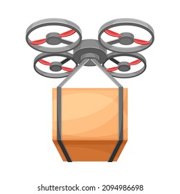 Drone carrying cardboard parcel box. Express delivery air service vector illustration