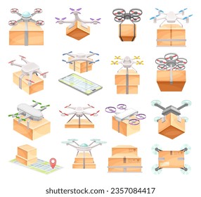 Drone Carrying Cardboard Parcel Box to Point of Destination Big Vector Set