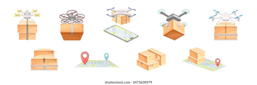 Drone Carrying Cardboard Parcel Box to Point of Destination Vector Set