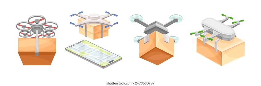 Drone Carrying Cardboard Parcel Box to Point of Destination Vector Set