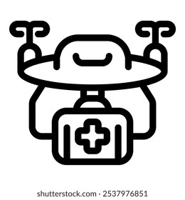 Drone is carrying a first aid kit, symbolizing the use of unmanned aerial vehicles for fast delivery of medical supplies