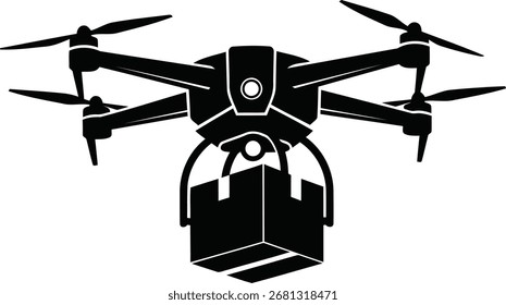 Drone carrying package vector illustration in a modern black and white style for delivery and logistics concepts