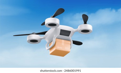 Drone carrying parcel box in sky. Vector realistic illustration of smart quadcopter delivering cardboard package, unmanned aerial vehicle with camera flying in clouds, modern logistic technology