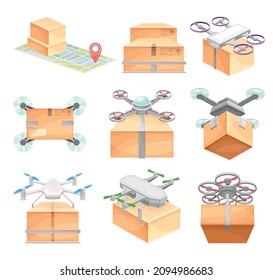 Un dron cargando cajas de paquetes a los clientes se establece. Ilustración moderna del vector del servicio de aire de entrega rápida