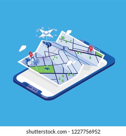 Drone carrying parcel and flying above paper city map and giant mobile phone. Delivery or shipping service with automatic quadrotor, modern electronic device. Colored isometric vector illustration.